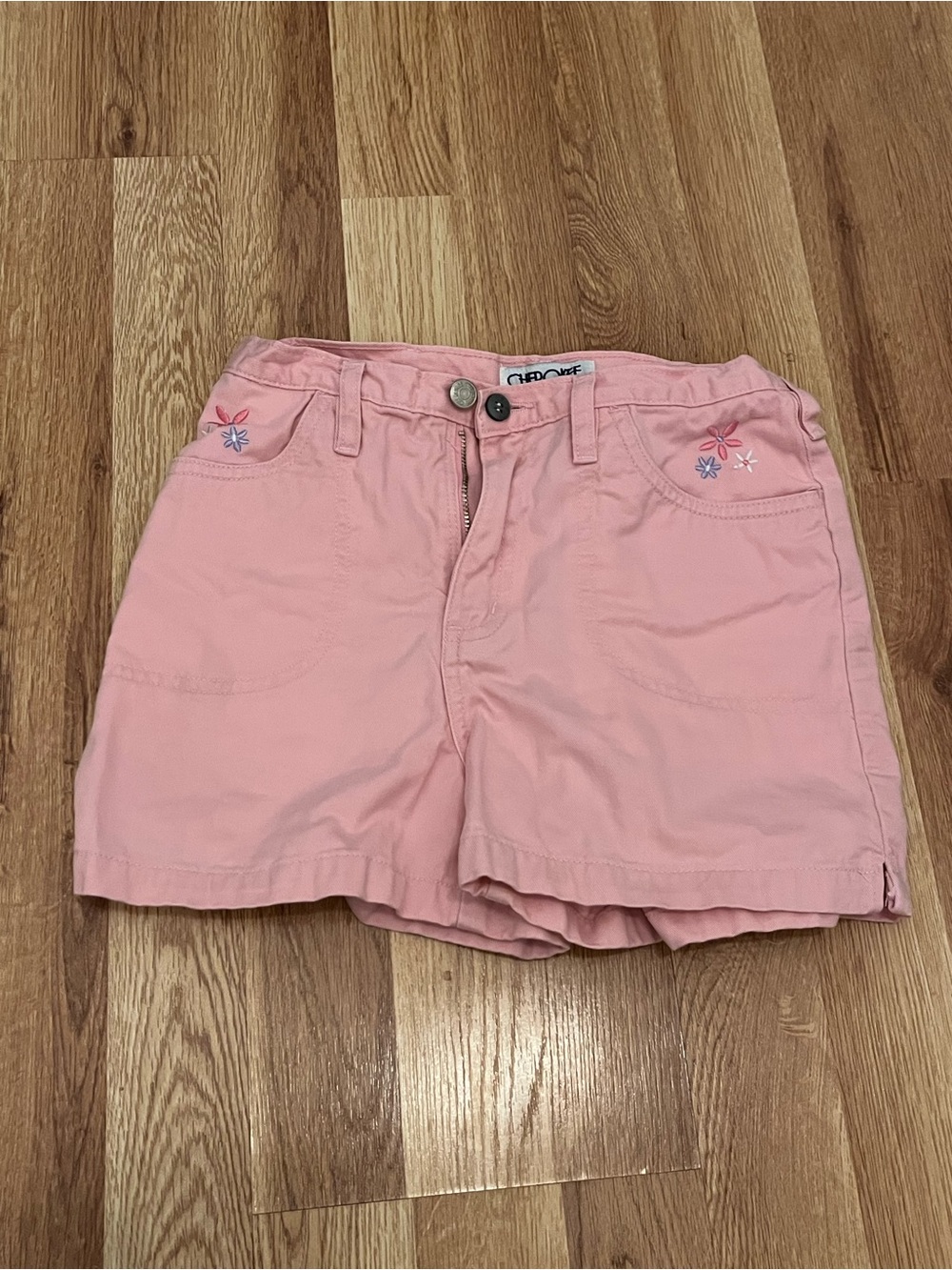 Cherokee Pink Girls' Denim-Style Cotton Shorts with Embroidered Flowers